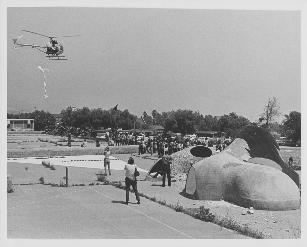 fig. 6: Alison Knowles with Norman Kaplan, Poem Drop Event, May 1971, House of Dust, 1969–75.  California Institute of the Arts, Valencia, CA. Destroyed. Photographer unknown. © 2020 Alison Knowles.