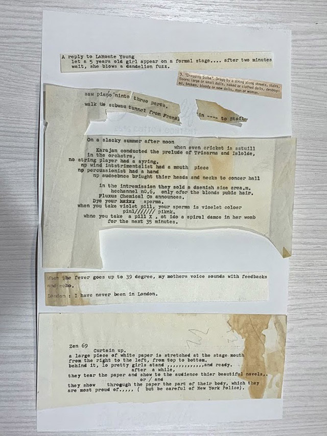 Fig. 12 – 13 Untitled writing fragments, n.d. Typescript and printed materials (6 pieces), largest: 5 7/8 x 8 1/2 in. Smithsonian American Art Museum, Nam June Paik Archive (Box 13, Folder 2);  Gift of the Nam June Paik Estate. 