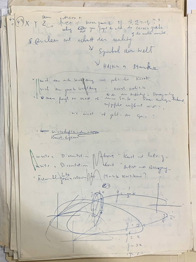 Fig. 7 – 8 Excerpt from untitled performance score, n.d. Blue ink on paper (16 pages), 11 5/8 x 8 1/4 in. Smithsonian American Art Museum,  Nam June Paik Archive (Box 13, Folder 19); Gift of the Nam June Paik Estate.