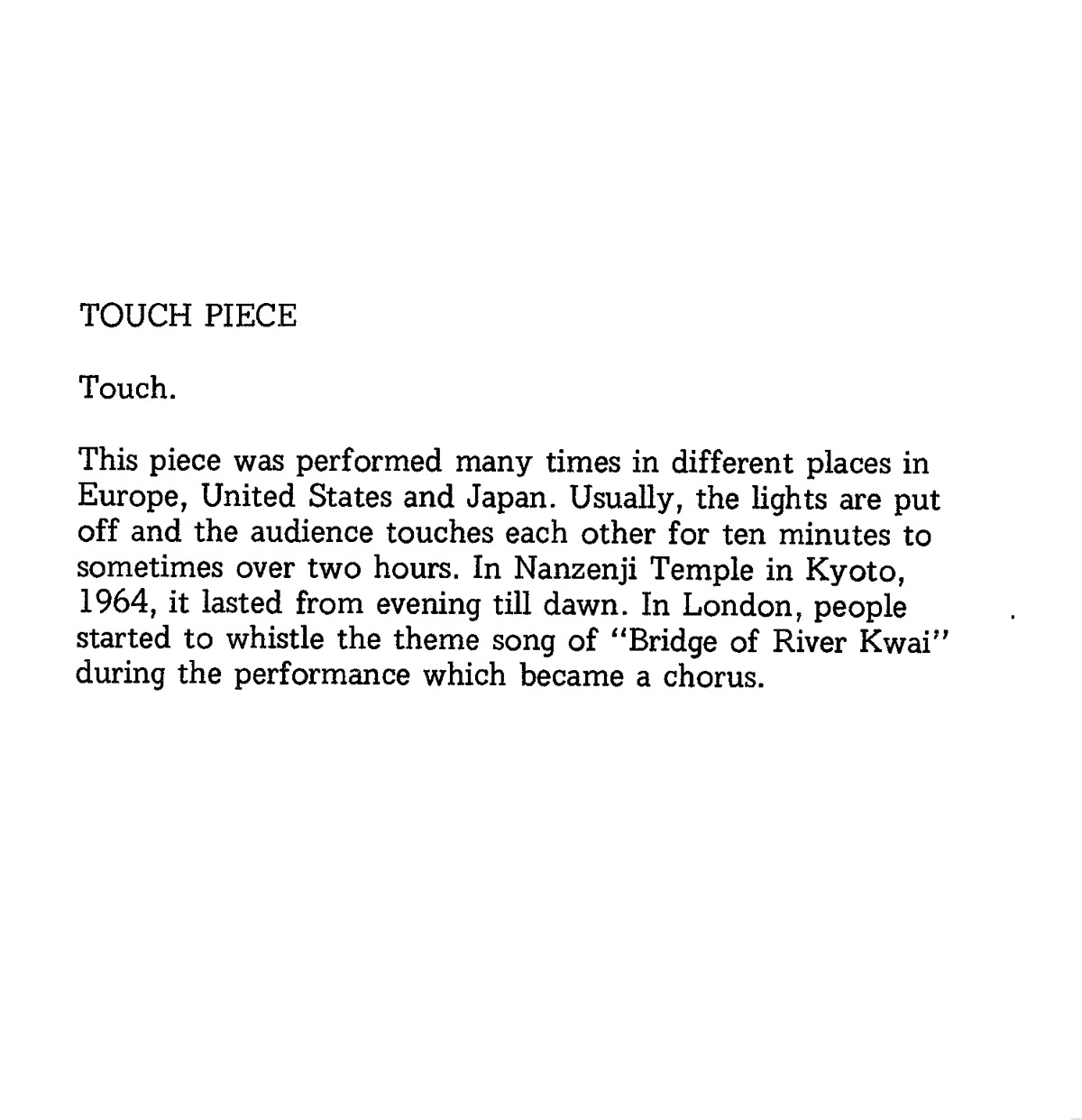 Fig. 5. Yoko Ono, Touch Piece, from Grapefruit (1970 edition).  © Yoko Ono 