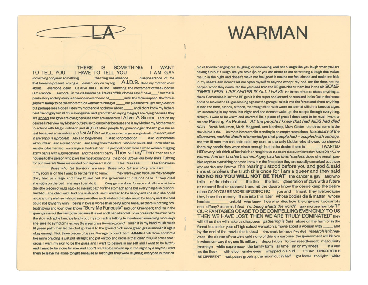 LA Warman, untitled contribution excerpt in the moon will sink into the street (Philadelphia: Institute of Contemporary Art  at the University of Pennsylvania, 2017): 9–10.