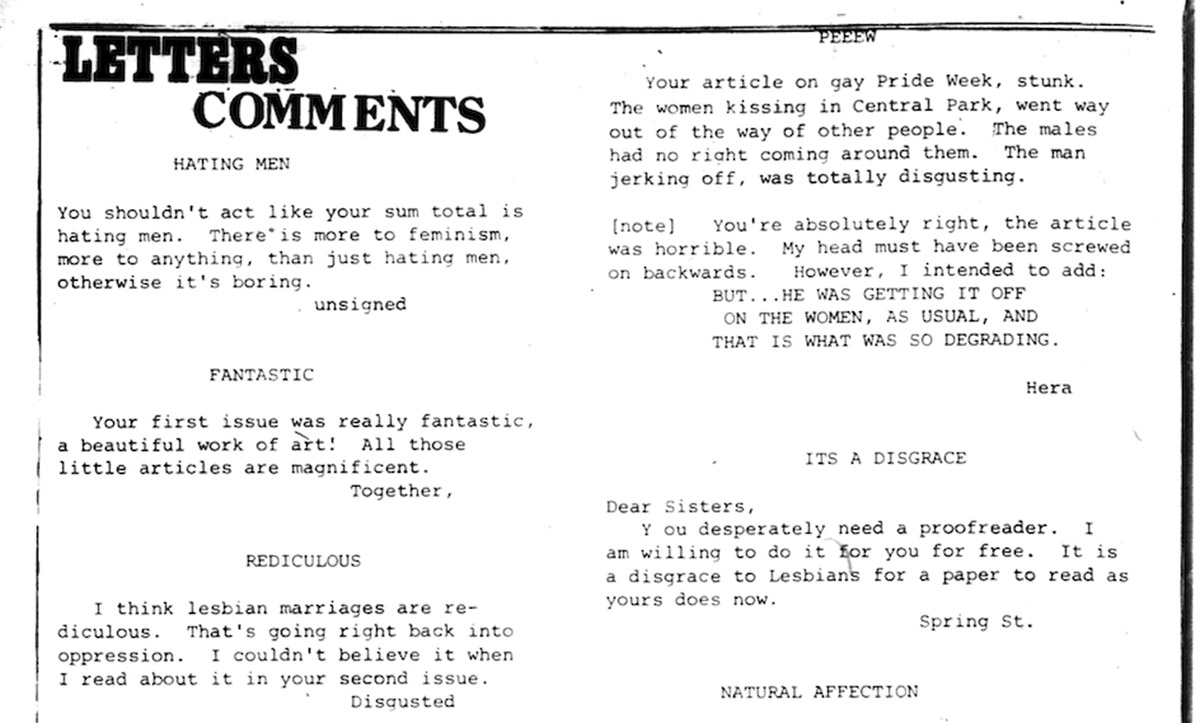 “Letters and Comments” in Echo of Sappho (New York), Vol. 1, No. 3, 1972.