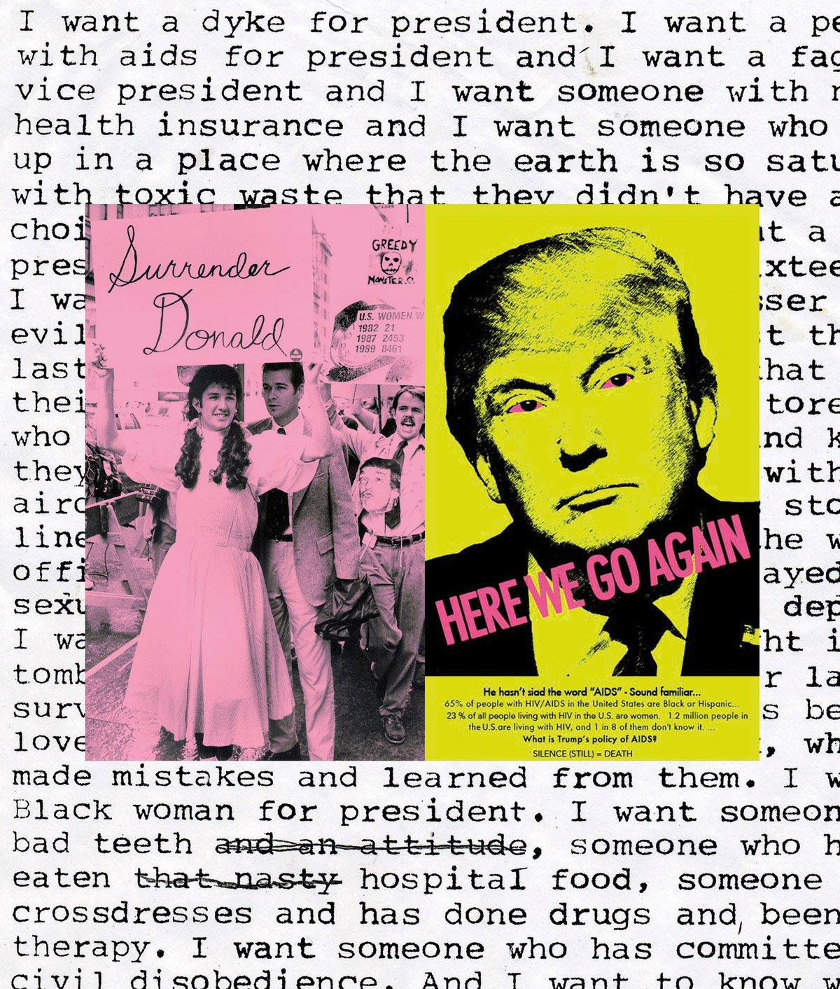 vuntitled panel (Zoe Leonard #iwantapresident 1992/2016 x ACT UP #SurrenderDonald 1989 x Here We Go Again #AfterGranFury 2017), digital collage, 2018