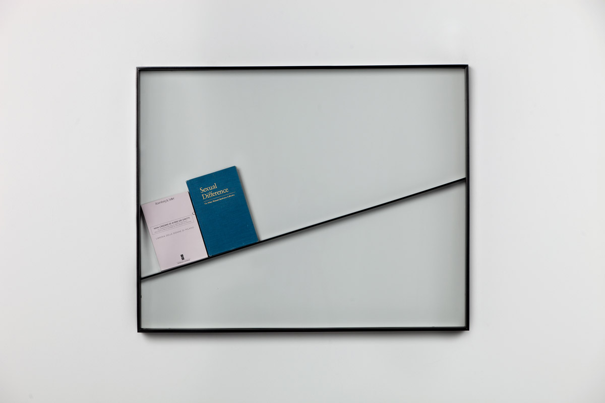 Alex Martinis Roe, To Be Two / To Become Two, Powder-coated steel, glass, MDF, Libreria delle donne di Milano, Non credere di avere dei diritti:  la generazione della libertà femminile nell’idea e nelle vicende di un gruppo di donne, (Turin: Rosenberg & Sellier, first edition 1987, this edition 2005);  The Milan Women’s Bookstore Collective, Sexual Difference: A Theory of Social-Symbolic Practice (Bloomington and Indianapolis: Indiana University Press, 1990). Commissioned by the Australian Centre for Contemporary Art for NEW13, 2013. Photo: Andrew Curtis.