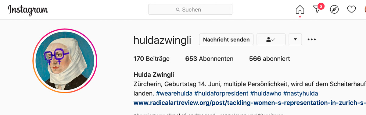 On Instagram, an Anonyma (anonymous woman), “Hulda Zwingli,” shares information and thoughts about the major museum in Zurich 