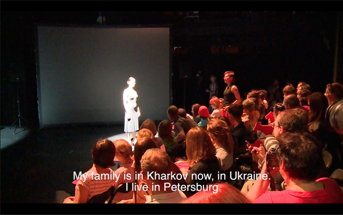 Gluklya (Natalya Pershina-Yakimanskaya), Debates on Division: When Private Becomes Public, Manifesta 10, 2014:  Documentation of performance at New Stage of Alexandrinsky Theatre, St Petersburg. Photo: Nokolay Simonovsky.  Courtesy of Gluklya.