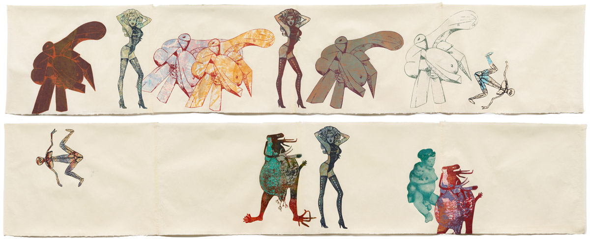 Nancy Spero, Picasso and Frederick's of Hollywood, 1990; diptych, handprinted collage on paper; two parts, each 43,5 x 278,4 cm. Copyright with the Estate of Nancy Spero