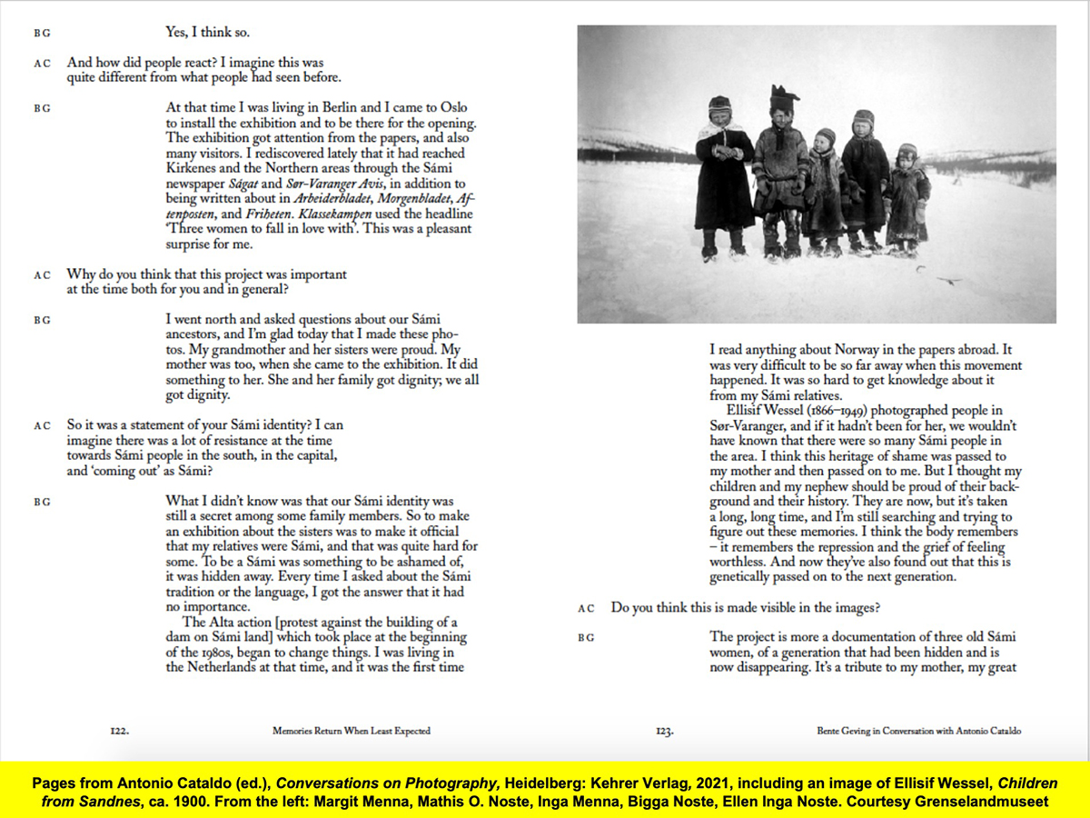 Pages from Antonio Cataldo (ed.), Conversations on Photography, Heidelberg: Kehrer Verlag, 2021, including an image of Ellisif Wessel, Children from Sandnes, ca. 1900. From the left: Margit Menna, Mathis O. Noste, Inga Menna, Bigga Noste, Ellen Inga Noste.  Courtesy Grenselandmuseet