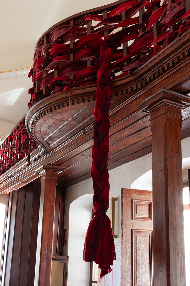 Fig. 6 Maro Michalakakos, To All of Us, 2023, braid woven out of bloodred. Courtesy of the artist. Photo: Nikos Alexopoulos.