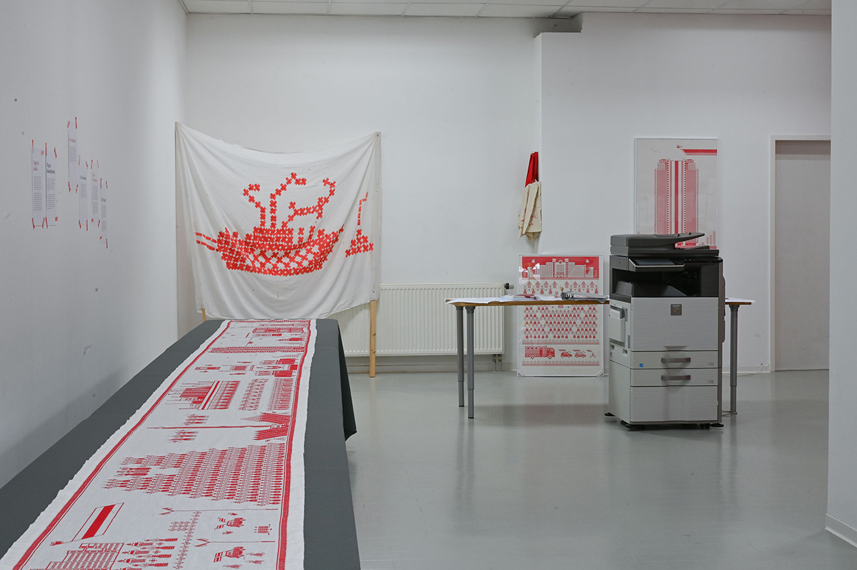 Works from the cycle The History of Belarusian Vyzhyvanka. Exhibition Outpost, curated by Arne Linde.  Kunstverein, Dresden, 2022. Photo: Anja Schneider.