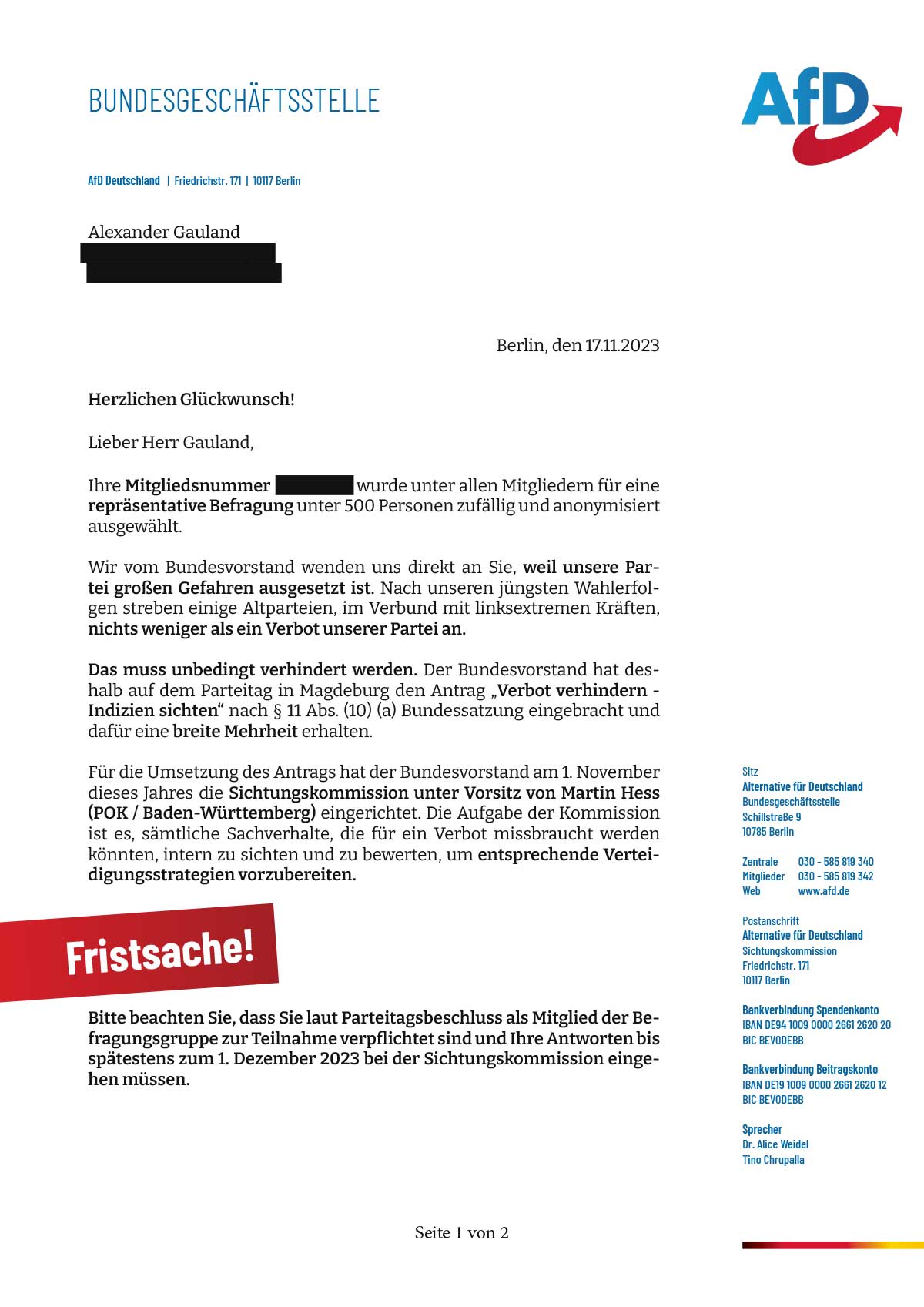 Fake internal party letter distributed by the CPB to a large number of AfD members (Page 1). © Center for Political Beauty