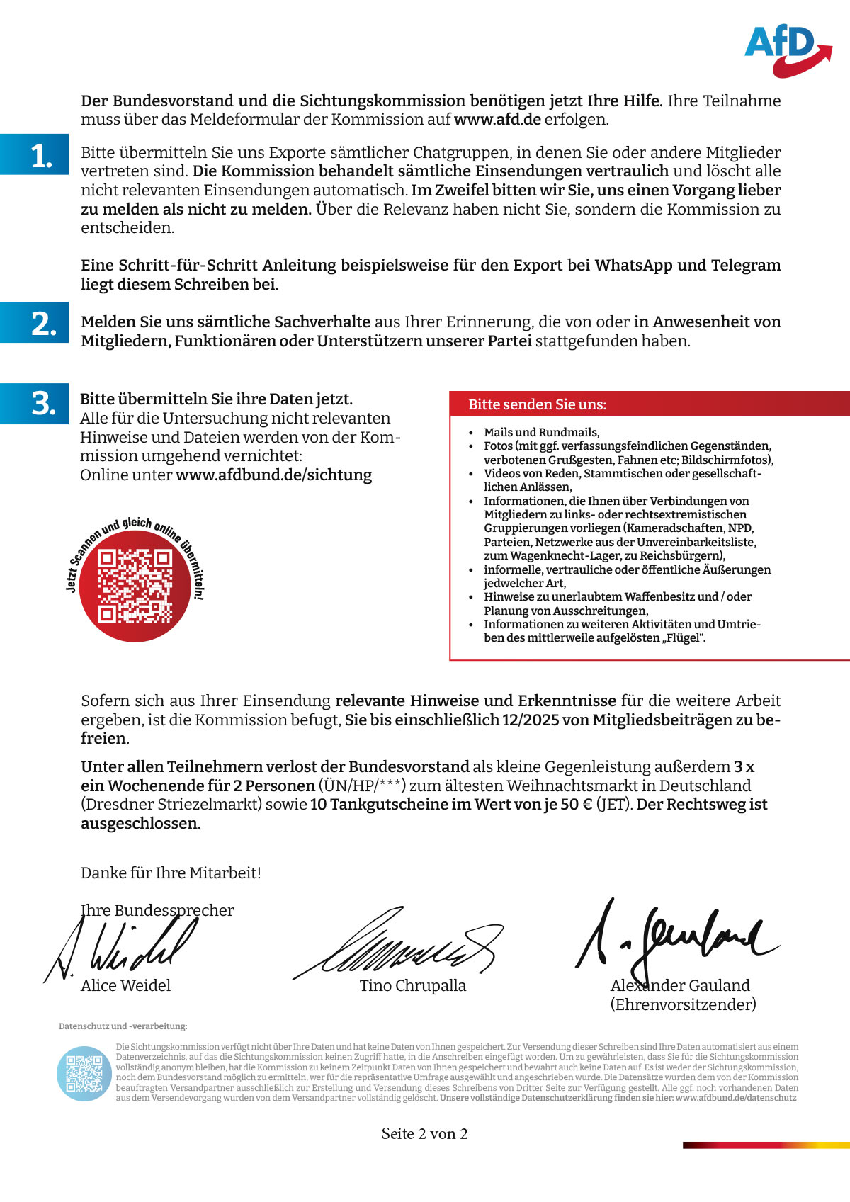 Fake internal party letter distributed by the CPB to a large number of AfD members (Page 2). © Center for Political Beauty