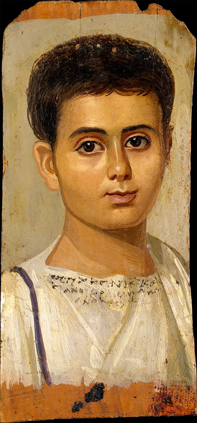 Portrait of the Boy Eutyches, encaustic on wood,  38x19 cm.,&nbsp; A.D. 100–150, collection of  Metropolitan Museum, NY